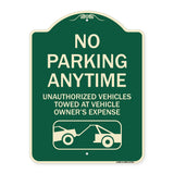 No Parking Anytime Unauthorized Vehicles Towed at Vehicle Owner's Expense (With Car Tow Graphic