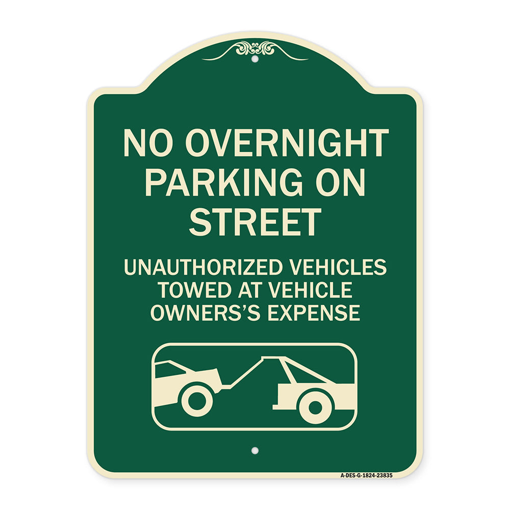 No Overnight Parking on Street Unauthorized Vehicles Towed at Vehicle Owner's Expense (With Car Tow Graphic)