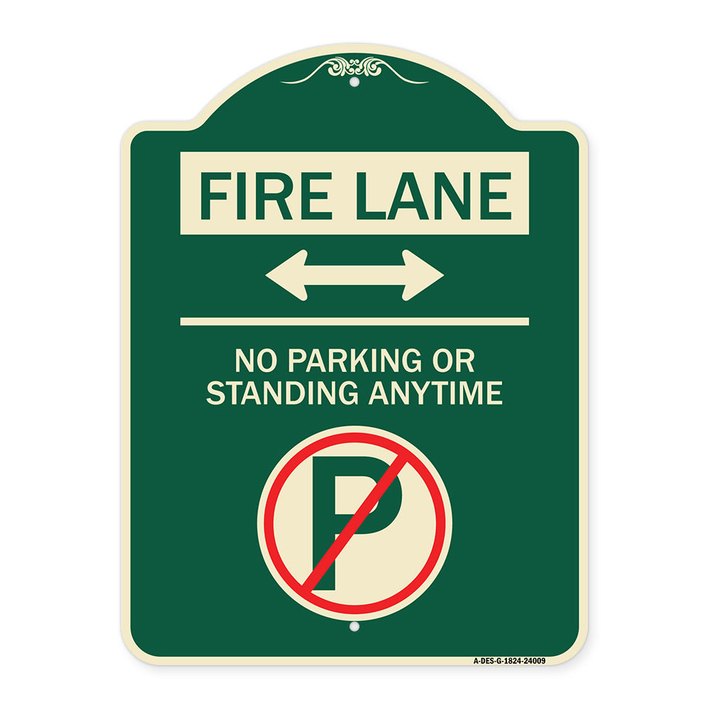 Fire Lane - No Parking or Standing Anytime (With No Parking Symbol and Bidirectional Arrow)