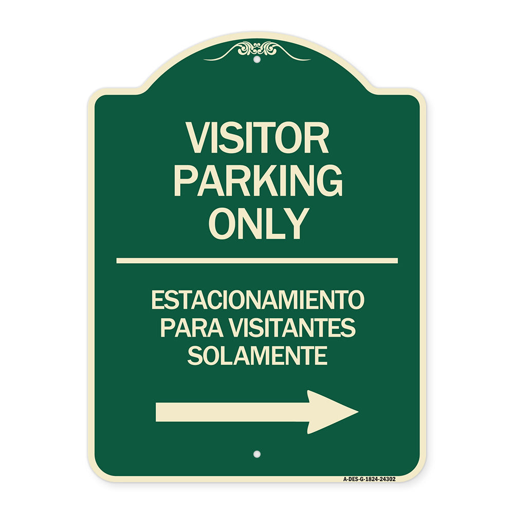 Bilingual Reserved Parking Sign Visitor Parking Only - Estacionamiento Para Visitantes Solamente (With Right Arrow)