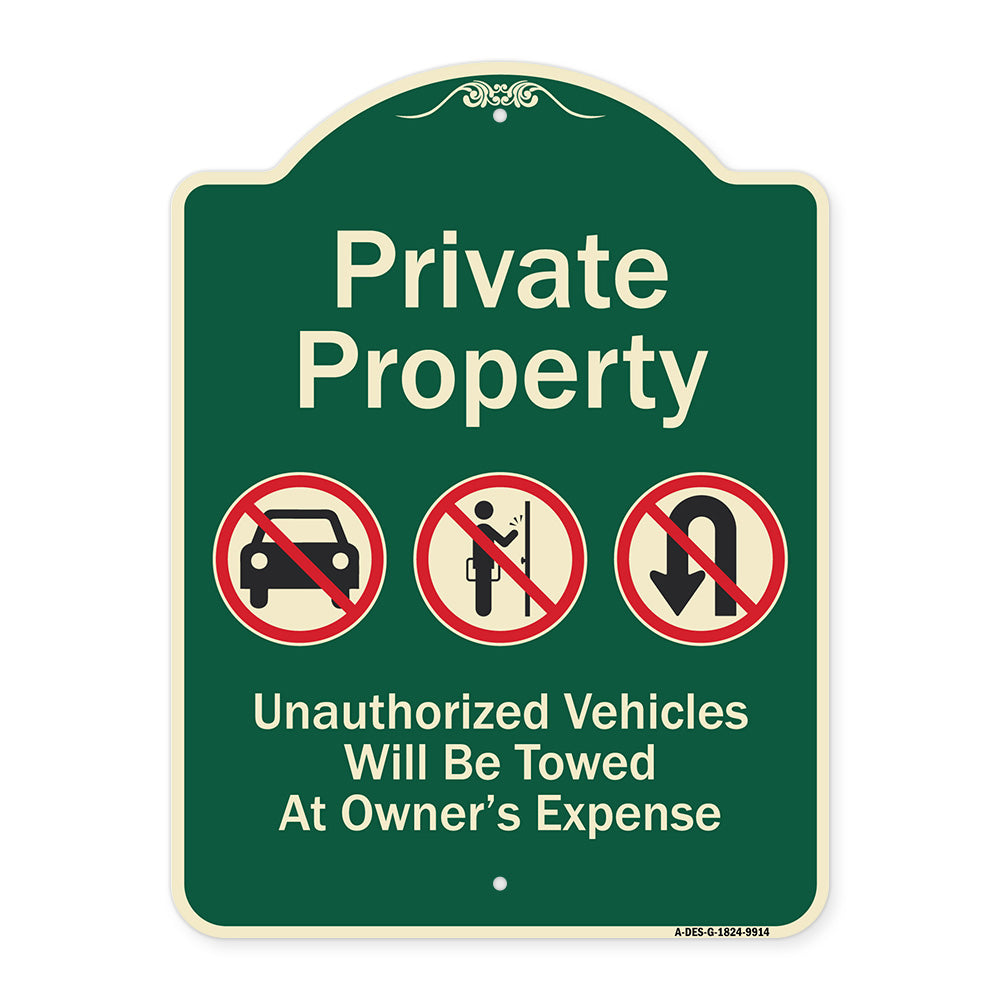 Private Property Unauthorized Vehicles Towed No Cars No Solicitors No Turn Around Symbols