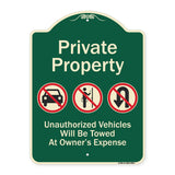 Private Property Unauthorized Vehicles Towed No Cars No Solicitors No Turn Around Symbols