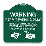 Warning Permit Parking Only Vehicles Without Permits Will Be Towed at Owner's Expense (Tow Truck Symbol)