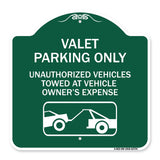 Valet Parking Only Unauthorized Vehicles Towed at Owner Expense with Graphic