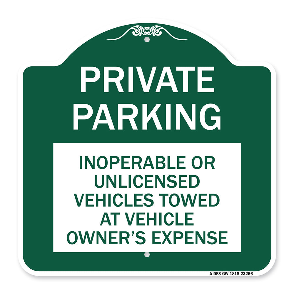 Private Parking Inoperable or Unlicensed Vehicles Towed at Vehicle Owner's Expense