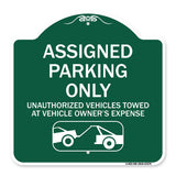 Parking Restriction Sign Assigned Parking Only Unauthorized Vehicles Towed at Owner Expense with Graphic
