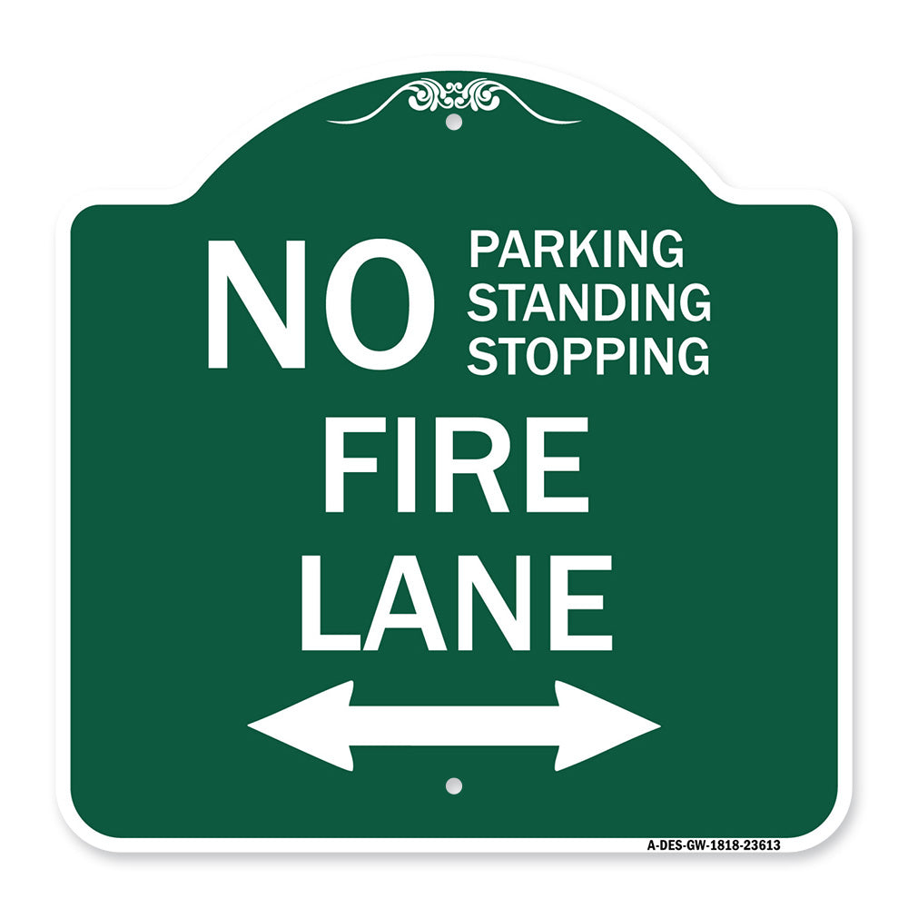 No Parking Standing or Stopping Fire Lane with Bidirectional Arrow