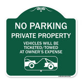 No Parking - Private Property Vehicles Will Be Ticketed Towed at Owner's Expense (With Car Tow Graphic)
