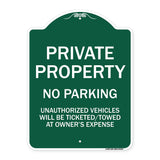 Private Property No Parking Unauthorized Vehicles Will Be Ticketed Towed at Owner's Expense (Reflective Aluminum)
