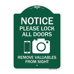 Notice Please Lock All Doors Remove Valuable from Sight (With Cell Phone and Camera Graphic