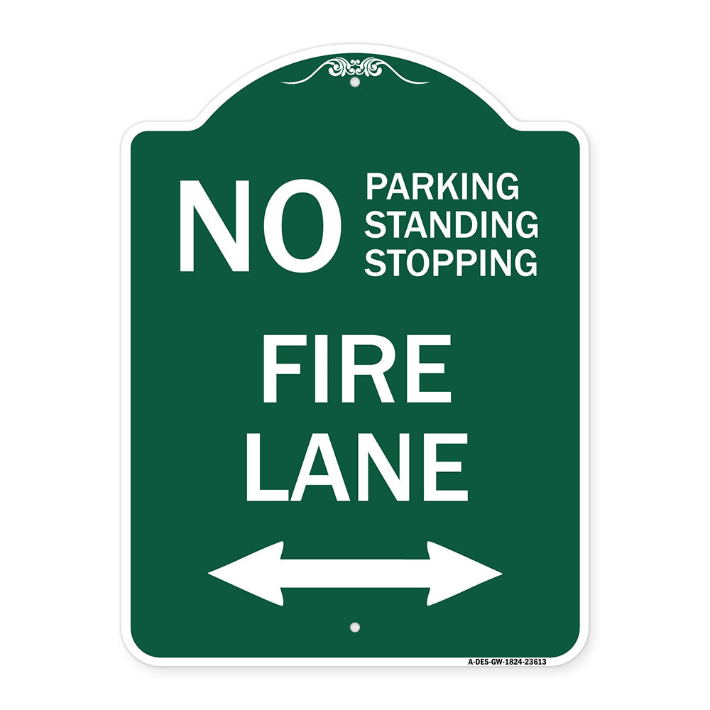 No Parking Standing or Stopping Fire Lane with Bidirectional Arrow