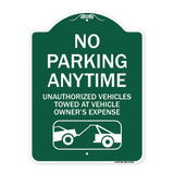 No Parking Anytime Unauthorized Vehicles Towed at Vehicle Owner's Expense (With Car Tow Graphic