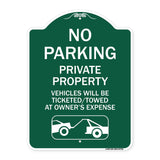 No Parking - Private Property Vehicles Will Be Ticketed Towed at Owner's Expense (With Car Tow Graphic)