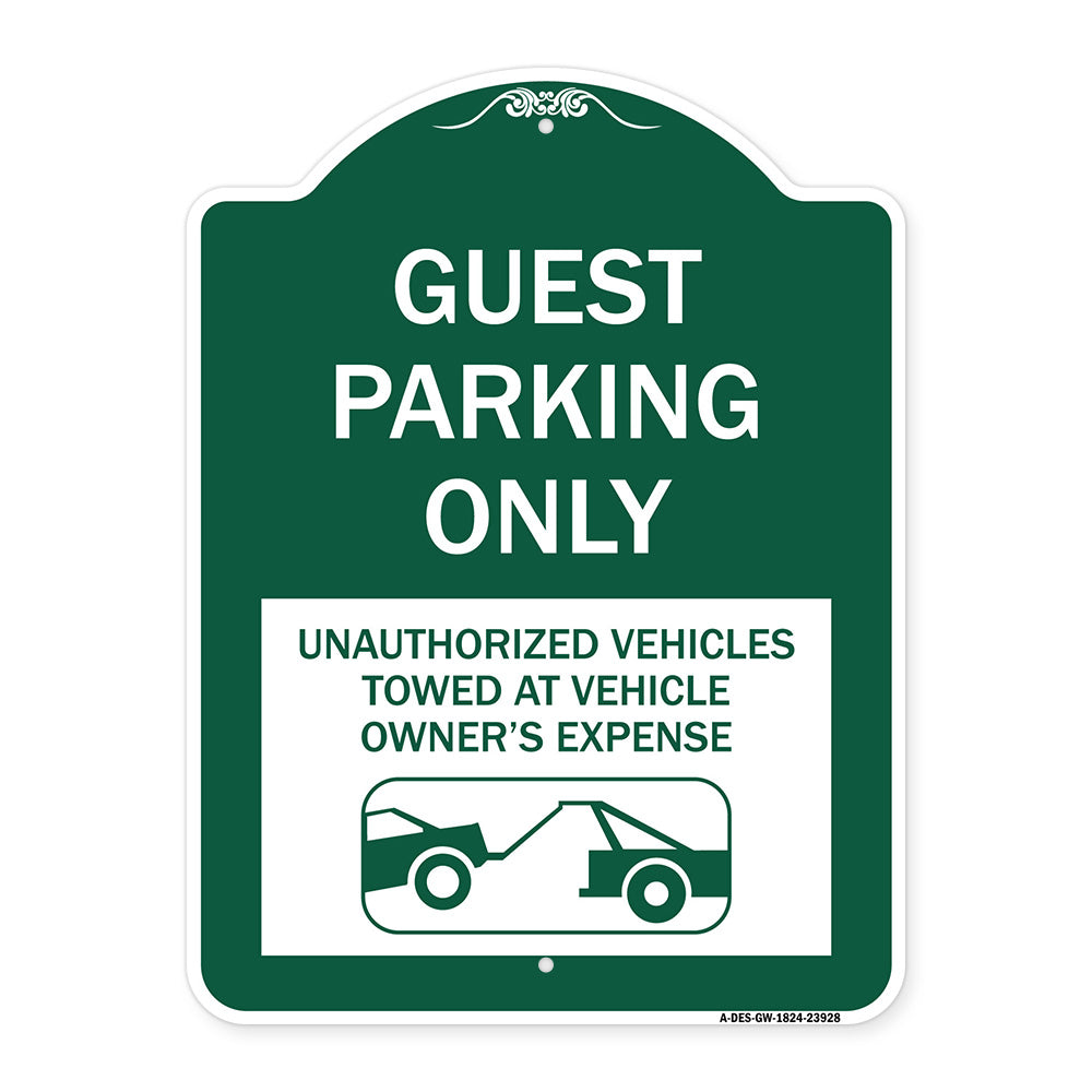 Guest Parking Only Unauthorized Vehicles Towed at Owner Expense with Graphic