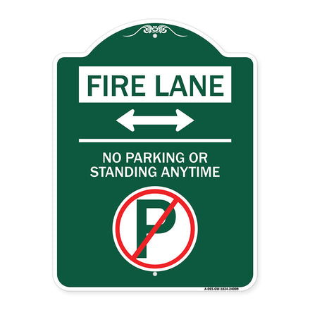 Fire Lane - No Parking or Standing Anytime (With No Parking Symbol and Bidirectional Arrow)