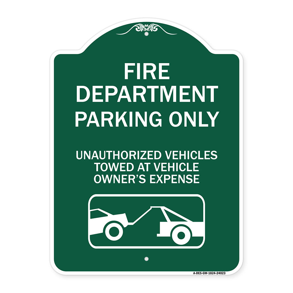 Fire Department Parking Only Unauthorized Vehicles Towed at Owner Expense with Graphic