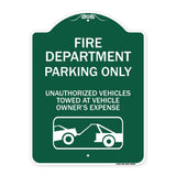Fire Department Parking Only Unauthorized Vehicles Towed at Owner Expense with Graphic