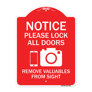 Notice Please Lock All Doors Remove Valuable from Sight (With Cell Phone and Camera Graphic