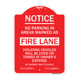 No Parking in Areas Marked as Fire Lane CVC Section 22500.1 and 22658 A