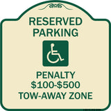 Reserved Parking Penalty $100 to $500 Tow-Away Zone with Symbol
