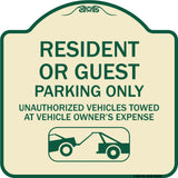 Parking Restriction Sign Resident or Guest Parking Only Unauthorized Vehicles Towed at Owner Expense with Graphic