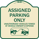 Parking Restriction Sign Assigned Parking Only Unauthorized Vehicles Towed at Owner Expense with Graphic