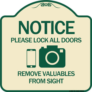 Notice Please Lock All Doors Remove Valuable from Sight (With Cell Phone and Camera Graphic