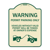 Warning Permit Parking Only Vehicles Without Permits Will Be Towed at Owner's Expense (Tow Truck Symbol)