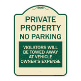 Private Property - No Parking Violators Will Be Towed Away at Vehicle Owner's Expense