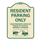 Parking Restriction Sign Resident Parking Only Unauthorized Vehicles Towed at Owner Expense with Graphic