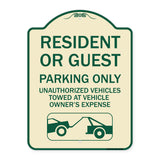 Parking Restriction Sign Resident or Guest Parking Only Unauthorized Vehicles Towed at Owner Expense with Graphic