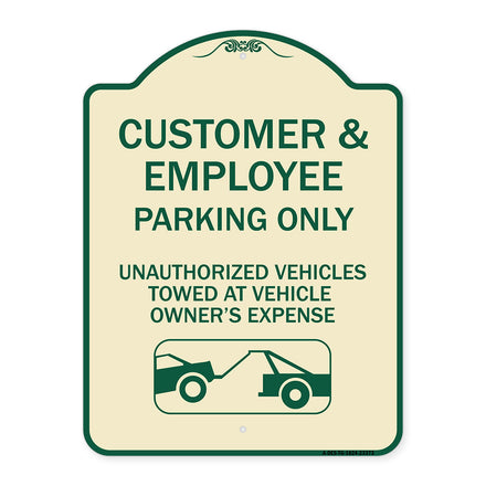 Parking Restriction Sign Customer and Employee Parking Only Unauthorized Vehicles Towed at Owner Expense with Graphic