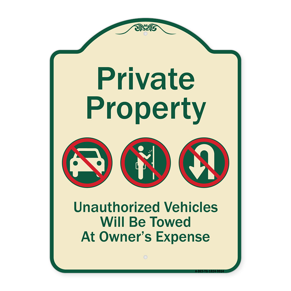 Private Property Unauthorized Vehicles Towed No Cars No Solicitors No Turn Around Symbols