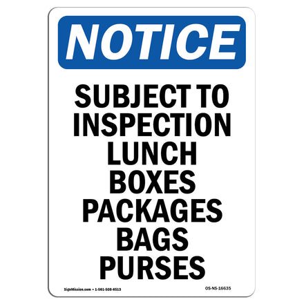 NOTICE Subject To Inspection Lunch Bags Purses