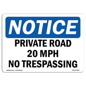 Private Road 20 MPH No Trespassing