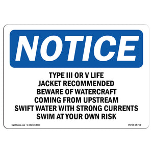 Type III Or V Life Jacket Recommended Beware Sign