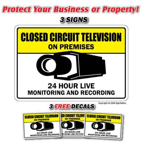 VIDEO SURVEILLANCE CCTV ~1 Sign & 3 Free~ Decals camera