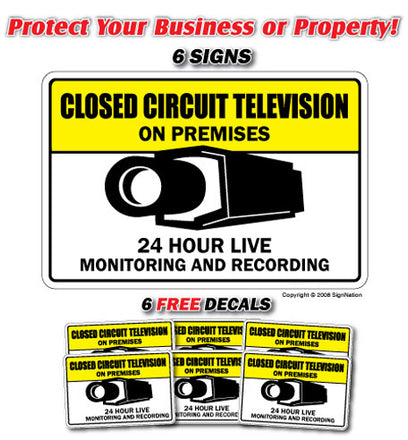 VIDEO SURVEILLANCE CCTV 6 Signs & 6 Free Decals camera
