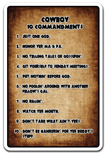 Cowboy 10 Commandments Vinyl Decal Sticker