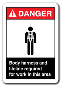 Danger  Sign - Body Harness And Lifeline Required For Work