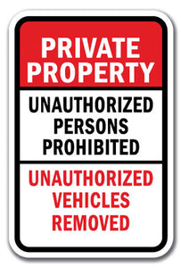 Private Property Unauthorized Persons Prohibited Unauthorized Vehicles Removed
