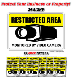 RESTRICTED AREA ~24 Signs & 24 Free Decals~ security Property 24 Hour protection