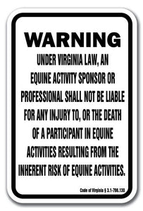 Virginia Equine 12" x 18" Aluminum Sign warning statute horse farm
