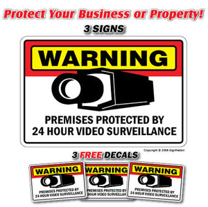 SECURITY SURVEILLANCE SIGN 3 Signs & 3 Free Decal video 24 Hour protection