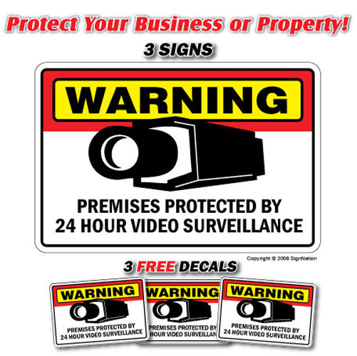 SECURITY SURVEILLANCE SIGN 3 Signs & 3 Free Decal video 24 Hour protection