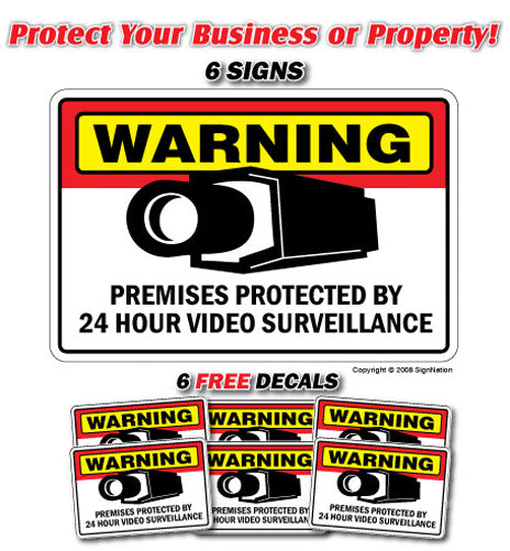 SECURITY SURVEILLANCE SIGN 6 Signs & 6 Free Decal video 24 Hour protection