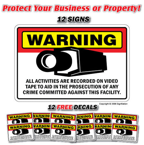 SECURITY CAMERA ~12 Signs & 12 Free Decals~ alarm signs 24 Hour protection