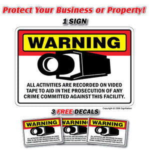 SECURITY CAMERA ~1 Sign & 3 Free Decals~ alarm signs Property 24 Hour protection