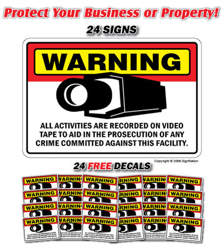 SECURITY SURVEILLANCE SIGN ~24 Signs & 24 Free Decals~ 24 Hour protection