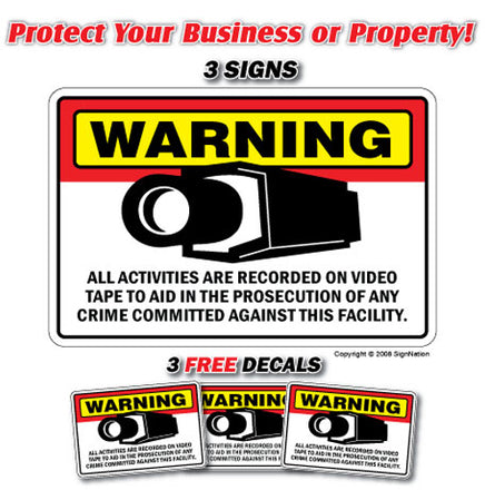 SECURITY CAMERA ~3 Signs & 3 Free Decals~ alarm signs Property 24 Hour protection